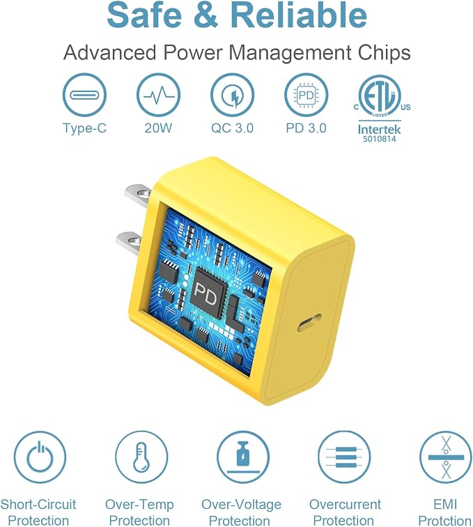 iPhone 17 16 15 Charger Fast Charging Type C Chargers USB C Charger Block | for iPhones, iPads,Tablets, Android phones,20W iPhone Charger USB-C Power Adapter,with Long 6FT USB C Charging Cables(Yellow) - Image 5