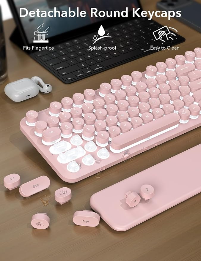 Wireless Keyboard and Mouse Backlit - Typewriter, Magnetic Wrist Rest | Retro Round Keys, Light Up Letters, 2.4GHz Cordless Combo for Mac, Windows, PC, Laptop, Trueque CK23Pro [Upgraded] - Image 6