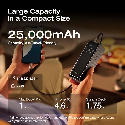 EF ECOFLOW Laptop Power Bank, 25,000mAh 170W Portable Charger with Dual 140W USB-C Ports, Smart Display, Flight-Approved for Travel, Fast Charging for iPhone 17/16 Series, MacBook, Samsung and More - Image 5