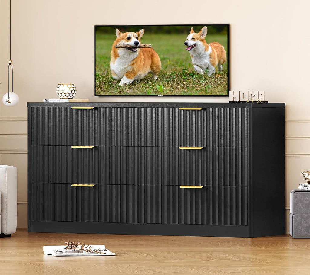 Fluted 6 Drawer Dresser for Bedroom, Wide Modern Chest of Drawers with Metal Handle, Curved Profile Design, Wood Closet Clothes Storage Organizer for Bedroom, Living Room, Hallway, Black - Image 6