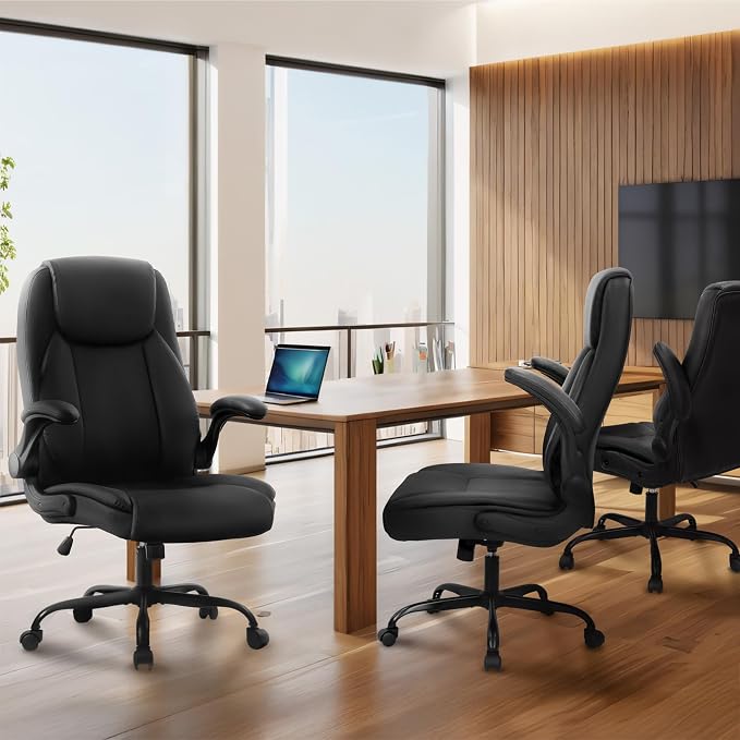 NEO CHAIR Office Desk Chair, High Back PU Leather with Flip-up Arms, Black | Ergonomic Tall Computer Desk Chair Comfy, Height Adjustable, Swivel Rolling Wheels for Office Home Gaming Study - Image 9