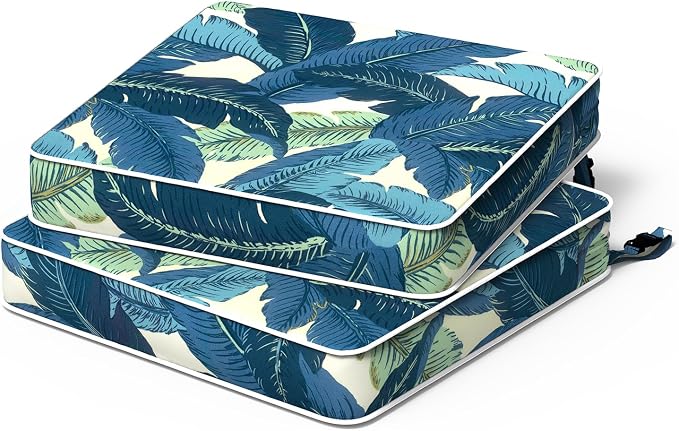 Patio Chair Cushions 19 x 19 x 3 Inch, Outdoor Cushions for Patio Furniture, Water Repellent Outdoor Seat Cushions with Straps Garden Sofa Couch Pads, Set of 2, Swaying Palms Blue by TWLEAR