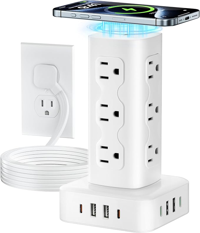 Power Strip Tower Surge Protector(2000J), PD65W Charging Station Tower with 12 AC Outlets & 8 USB Ports (4 USB C), 6FT Extension Cord for Home Office Dorm, White by olcorife