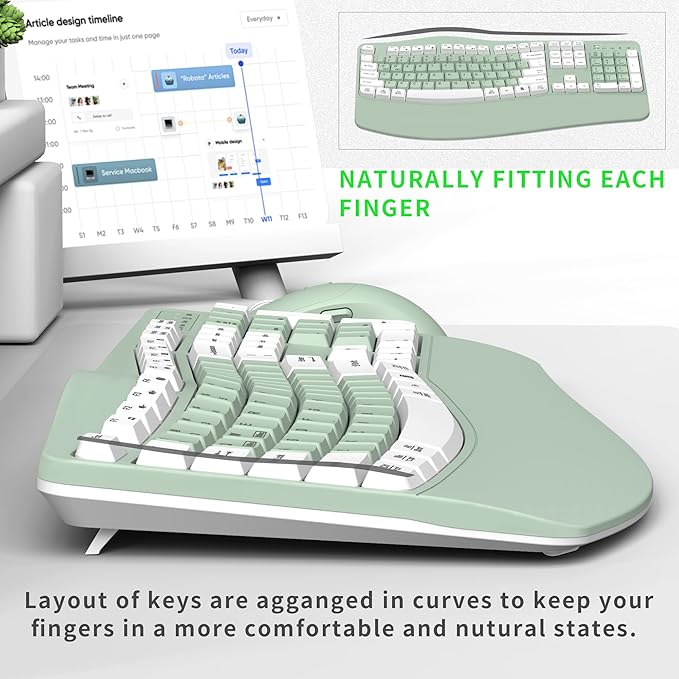 Wireless Keyboard and Mouse Combo,2.4G Ergonomic Wave Keys(Avocado Green-A) | Full Size Cordless Keyboard with Wrist Rest,3-Level DPI Ergonomic Mouse for Office and Home,Windows/Mac OS/Desktop/Laptop/PC - Image 4