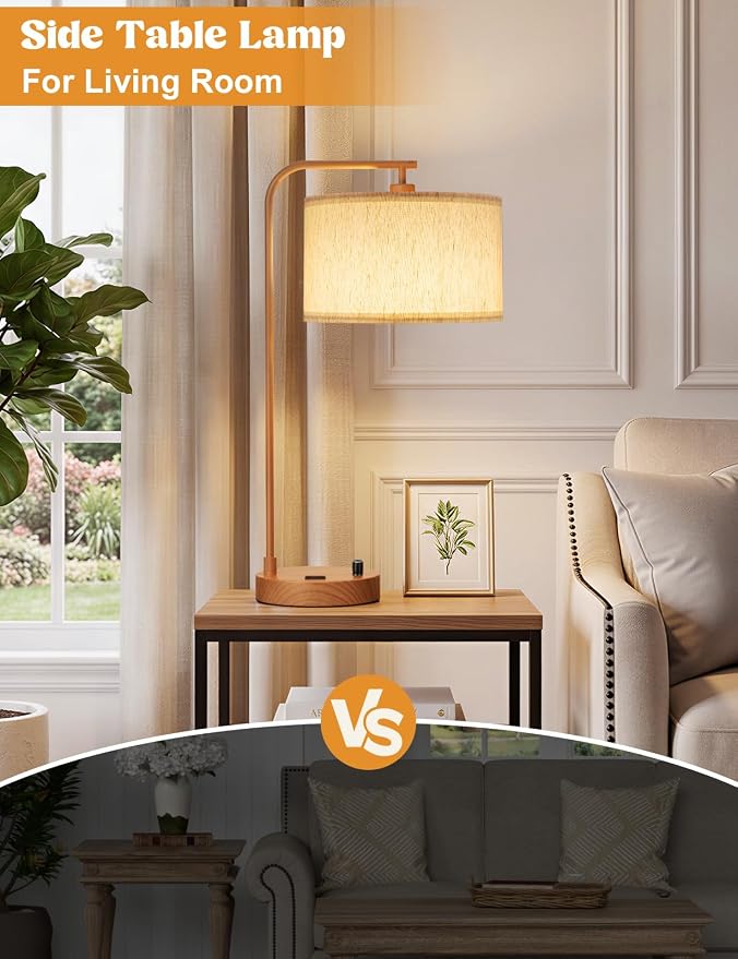 Innqoo Wood Table Lamp for Bedroom with USB Port and Outlet, Dimmable Nightstand Bedside Lamps with Linen Lampshade, Desk Lamp for Home Office, Living Room, Guest Room, LED Bulb Included - Image 5