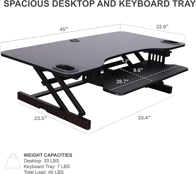 Rocelco 45" Height Adjustable Standing Desk Converter - Slide Out Retractable Keyboard Tray - Sit Stand Up Triple Monitor Riser - Dual Piston Lift Tabletop Computer Workstation - Black (R ADRB-45) - Image 3
