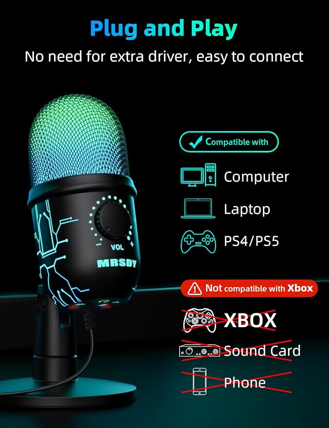 USB Gaming Microphone for PC with Noise Reduction, Mute, Gain, RGB | Condenser Mic, Headphone Jack, Suitable for PC, Computer, PS4, PS5, Mac, Streaming, Podcasting, Recording, YouTube, Discord - Image 2