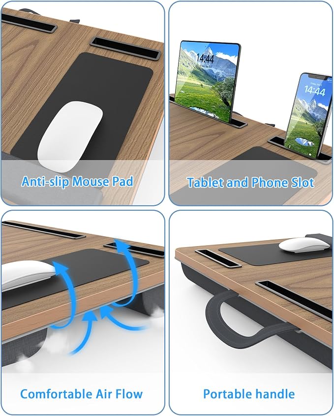 Laptop Lap Desk, Portable Large Laptop Desk for Bed, Up to 17 in Lap Table with Wrist Rest, Mouse Pad, Tablet Phone Slot, Portable Handle, Cushion (Dark Brown Woodgrain) - Image 4