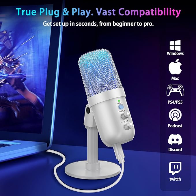USB Microphone, Computer Condenser Mic with Noise Cancellation, Echo Mode, RGB Lighting, Mute Button, Plug & Play Gaming Mic for PC, Mac, PS5, Streaming, Recording, Podcasting & Online Meetings White - Image 7