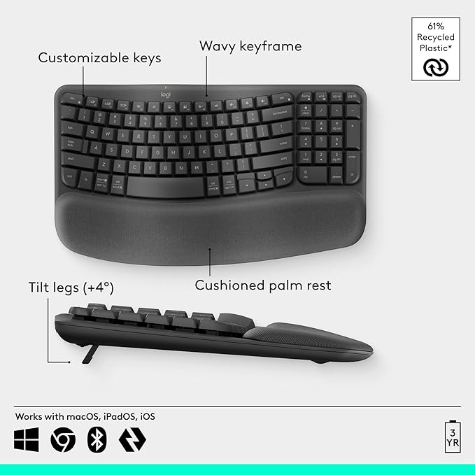 Logitech Wave Keys Wireless Ergonomic Keyboard - Graphite | Cushioned palm rest, comfortable natural typing, Easy-Switch, Bluetooth, Logi Bolt receiver, for multi-OS Windows/Mac - Image 6