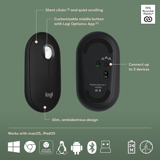 Logitech Pebble 2 Combo Wireless Keyboard and Mouse, Portable - Black | Quiet, portable, customizable, Logi Bolt, Easy-Switch, compatible with macOS, iPadOS, and Chrome - Image 7