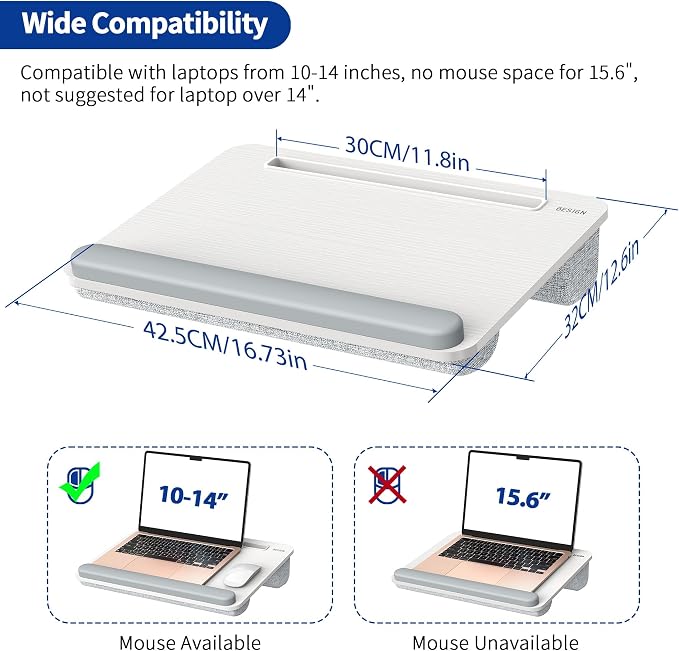 Besign LT08 Laptop Stand, Portable Lap Desk with Pillow Cushion, Fits up to 14 inch Laptop, with Anti-Slip Strip for Desk, Sofa & Bed, White and Gray - Image 5