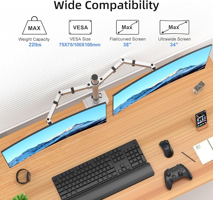 Suptek Dual Monitor Desk Mount, Adjustable Dual Monitor Arm for 2 Monitor Screens up to 38 inch, Extra Tall 15.75" Pole Monitor Stand for Desk, Holds up to 22 lbs,Silver(MD9442MS) - Image 8