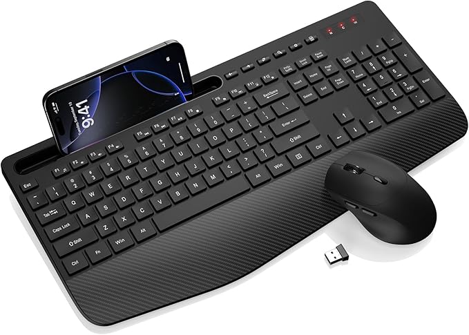 Wireless Keyboard and Mouse Combo - Full-Sized, Ergonomic Wrist Rest | Phone Holder, Sleep Mode, 2.4G Quiet Keyboard for PC Laptop, Trueque KM23 Complete Work Setup for Office or Home by Trueque