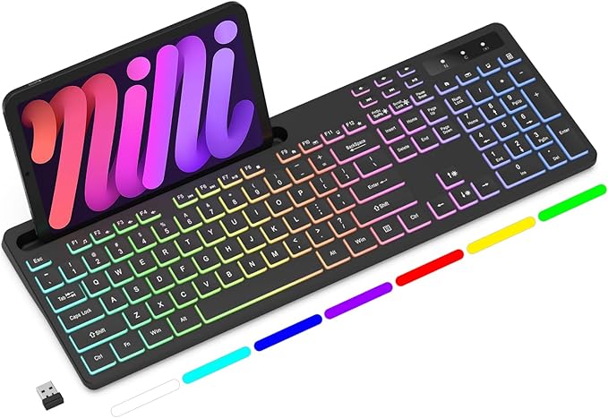 Soueto Wireless Keyboard with 7-Color RGB Backlit, Full-Size Computer Keyboard with Phone Tablet Holder, 2.4G Rechargeable Gaming Keyboard with Light Up Keys, Compatible with Mac, Windows (Black) by Soueto