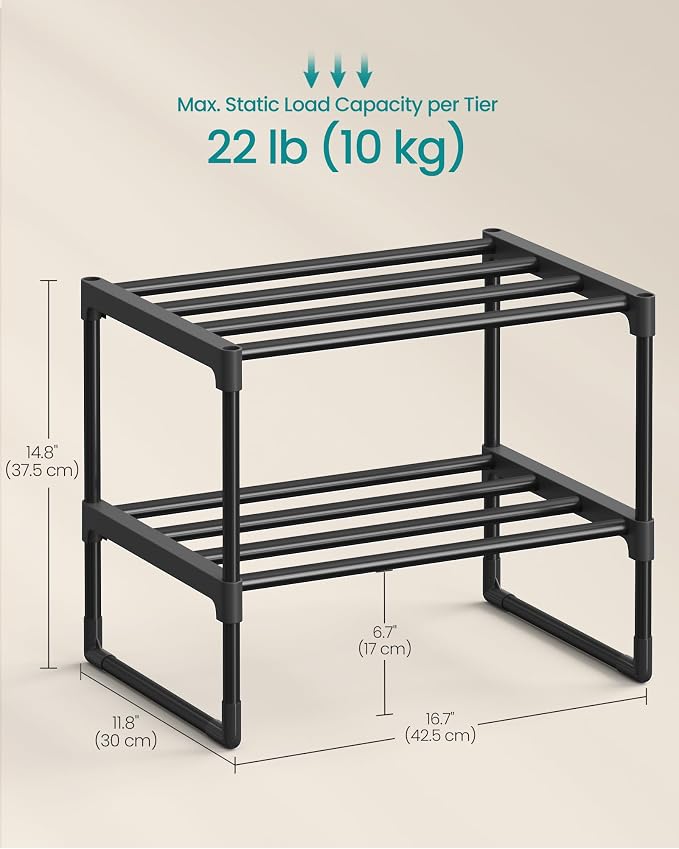 SONGMICS Shoe Rack, 2-Tier Shoe Organizer, Metal Storage Shelf | for Entryway, Upright or Upside Down, for 3-6 Pairs, Stackable, 11.8 x 16.7 x 14.8 Inches, Black ULSA002B01 - Image 2
