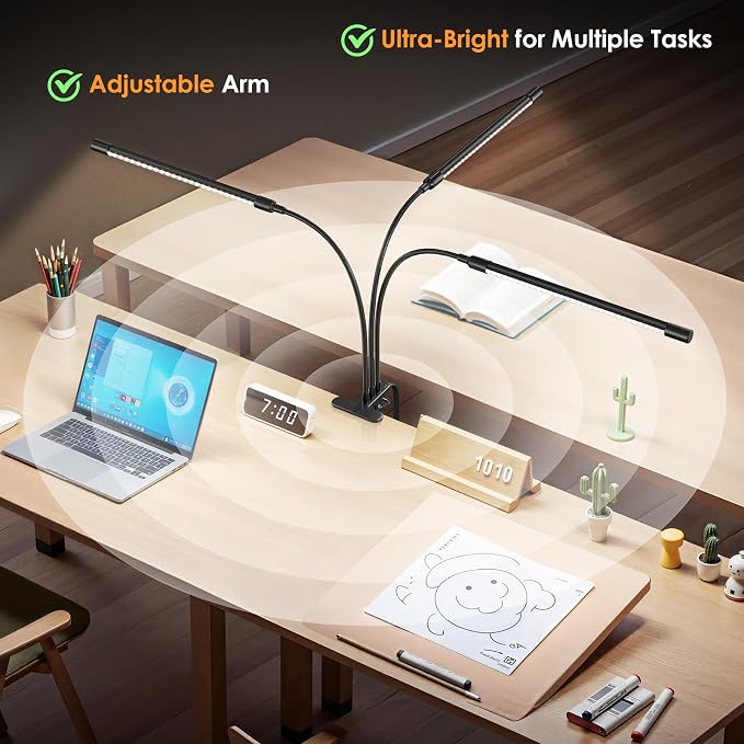 ShineTech 3-Head LED Desk Lamp with Clamp, Eye-Caring Clip on Lights | Ultra-Wide Lighting, 4 Color Modes, Stepless Brightness, Flexible Gooseneck, Memory Function & Auto-Off Time for Home Office - Image 4