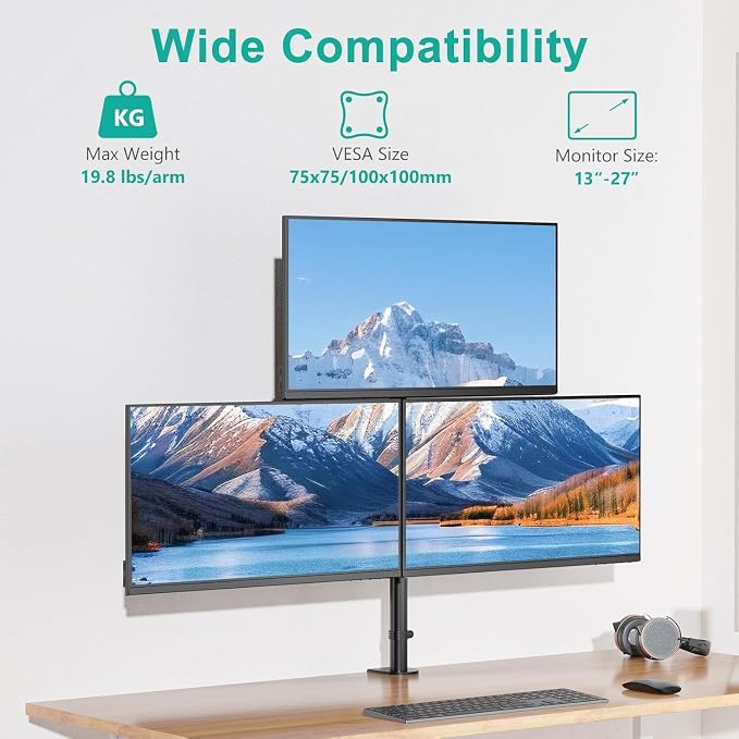 WALI Stacked Triple Monitor Mount for 13-27 inch Screens, 19.8 lbs per Arm | Tall 3 Monitor Desk Mount, Full Motion with Tilt, Swivel, Rotation, C-Clamp & Grommet Base, VESA 75/100mm (GSDM003S), Black - Image 2