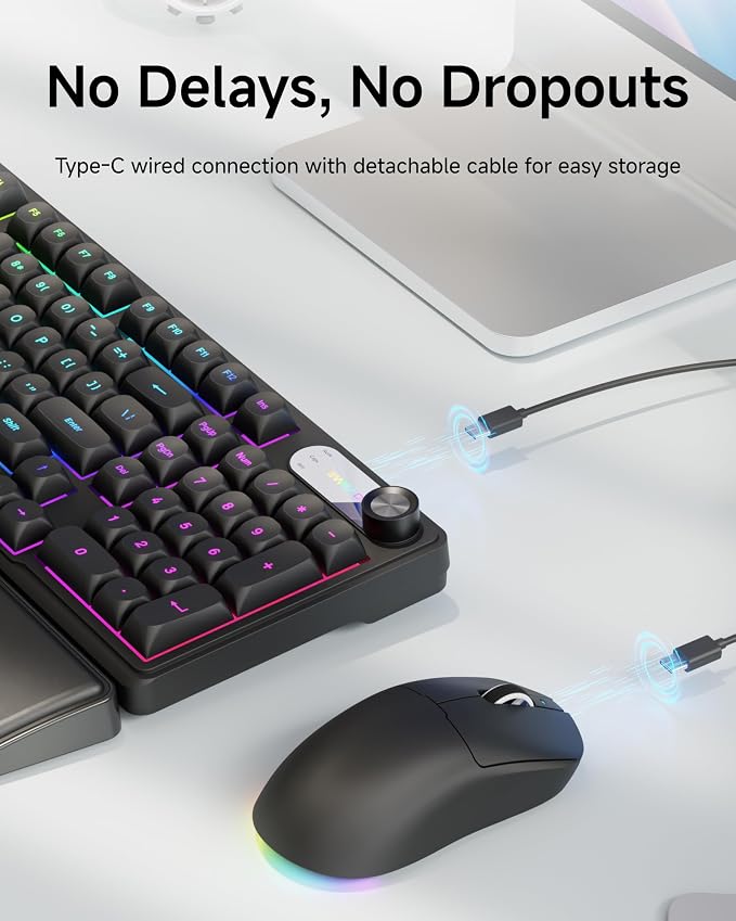 EWEADN Wired Keyboard and Mouse Combo with Detachable Wrist Rest, Quiet Ergonomic Keyboard Mouse Set with Multimedia Knob, RGB Backlit, Double-Shot Keycaps Natural Typing for Laptop, PC - Black - Image 5