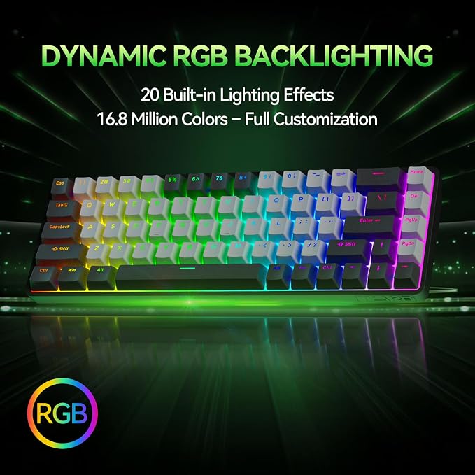 TMKB T68 60% Wireless Mechanical Gaming Keyboard, Tri-Mode BT5.0/2.4GHz/USB-C with Blue Switch, RGB Backlight, Anti-Ghosting, Compact 68 Keys, Wired/Wireless, Black/Gray - Image 4