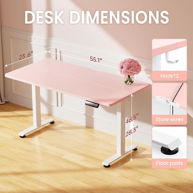 Veken 55 Inch Large Electric Standing Desk, Gaming Table, Pink | Height Adjustable Sit Stand Up Computer Tables for Home Office, Study , Writing, Suit students, employees and group work - Image 3