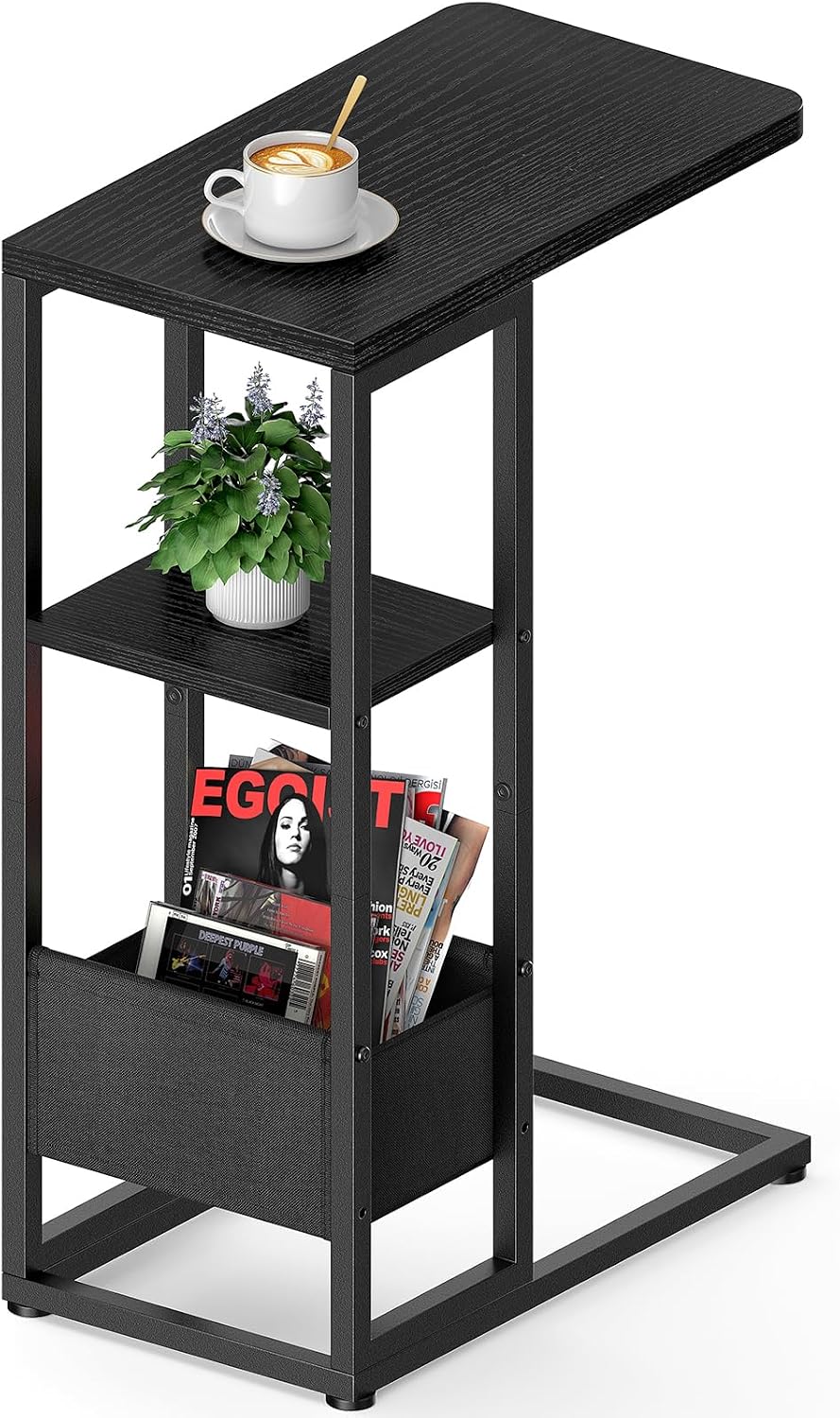 C Shaped End Table, Small Side Table for Couch, Recliner, Slide Under Sofa Tray Desk Snack Tables with Storage Bag for Living Room,Bedroom, Small Spaces - Black by Yuede