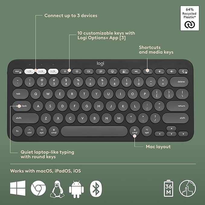 Logitech Pebble 2 Combo Mac Wireless Keyboard and Mouse - Tonal Graphite | Wireless, Slim, Quiet, Portable, Customizable, Bluetooth, Easy-Switch, macOS, iPadOS - Image 6