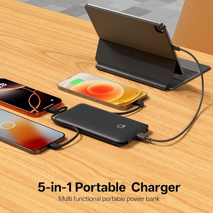 Portable Charger with Built-in Cables and AC Wall Plug, USB C External Battery Pack, 10000mAh Travel Essentials Power Bank Compatible with iPhone17/16/15/14/13, Samsung Galaxy, Pixel,Tablet and More - Image 2