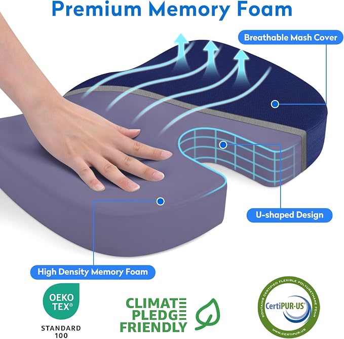 CushZone XL Memory Foam Seat Cushion for Office, Car & Wheelchair, Blue | U-shaped Coccyx Cutout, Contoured Design, Breathable Removable Mesh Cover, Non-Slip Base, Carry Handle - Image 2