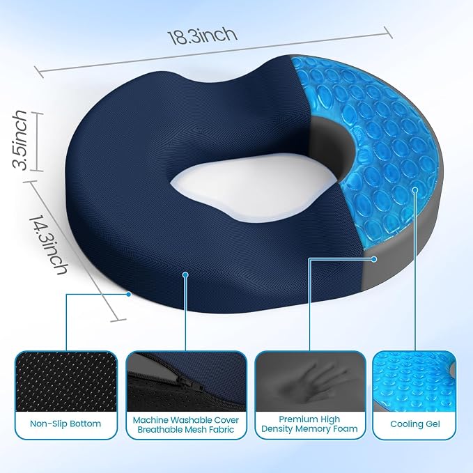 Donut Pillow Seat Cushion, Cooling Gel Memory Foam Chair Cushion, Blue | Office, Home & Car Seat Cushion, Butt Pillow for Tailbone Pain Relief, Hemorrhoids and Everyday Sitting Comfort - Image 2