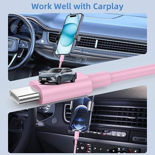 LDHTY CarPlay Charging Cable, USB A to USB C Cable, 2-Pack 3FT, Pink | For iPhone 17/Pro/Pro Max/17e/Air, Apple 16/15 Series, Type C Charger Cord for Car, iPad Pro/Air for Android - Image 3