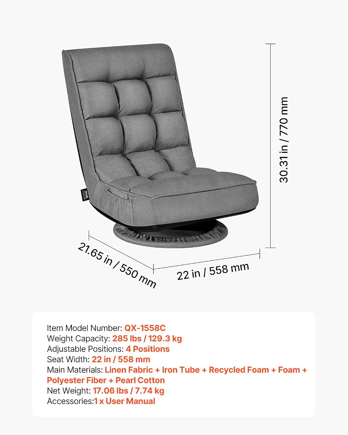VEVOR Swivel Floor Gaming Chair, 360-Degree Rotating Floor Chair with 4 Adjustable Position Folding Backrest, Metal Frame with Recycled Foam and Linen Fabric, for Watching TV, Reading, Relaxing, Gray - Image 3