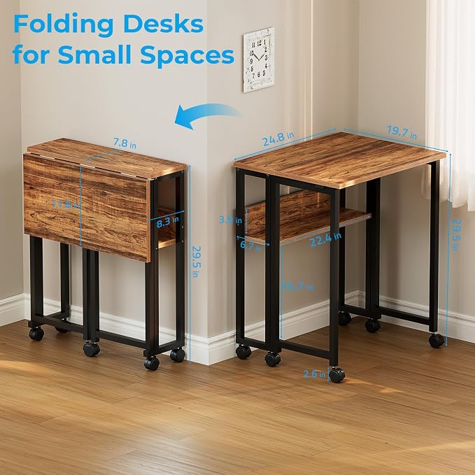 GreenForest Folding Desk with Wheels, 24.8" Rolling Table for Small Spaces | Storage Shelf, Lockable Casters, Compact Portable Workstation, Space-Saving Foldable Sofa Table, Home Office, Mobile, Walnut - Image 3