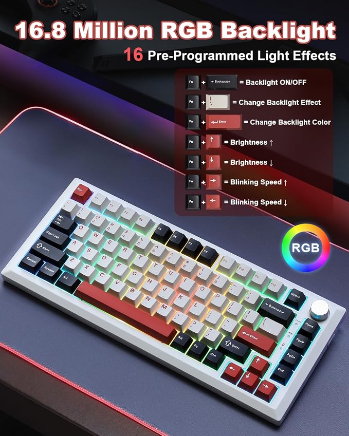 Y75 Wireless Mechanical Keyboard,75% Hot Swappable Custom Keyboard with Knob,RGB Backlit, PBT Keycaps,2.4GHz/USB-C/BT5.0 Mechanical Gaming Keyboards(White&Red,Milk Switch) - Image 7