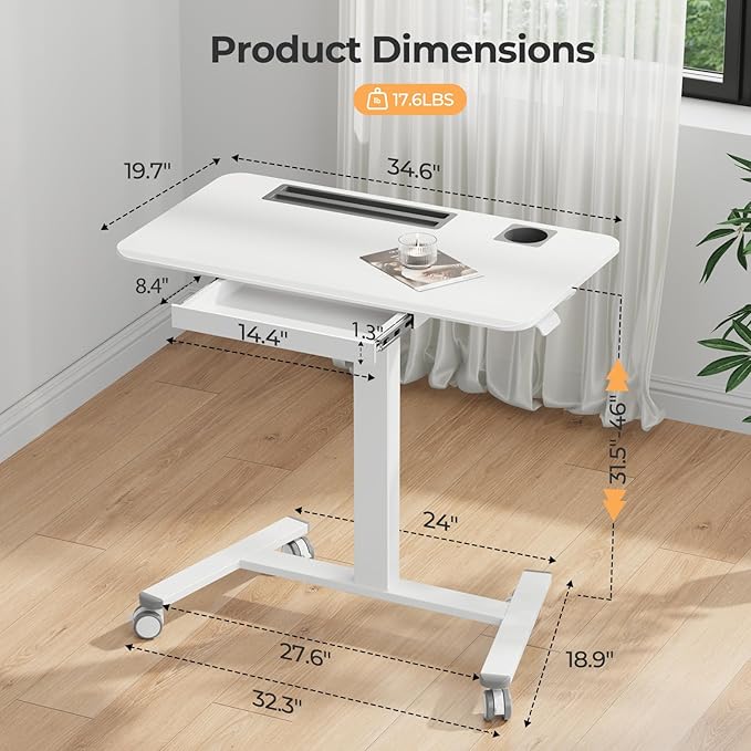 Mobile Standing Desk with Drawer, 35"×20" Small Desk, White | Portable Laptop Workstation with Cup Holder and Hooks, Height Adjustable Rolling Desk with Wheels, Teacher Classroom Use - Image 2