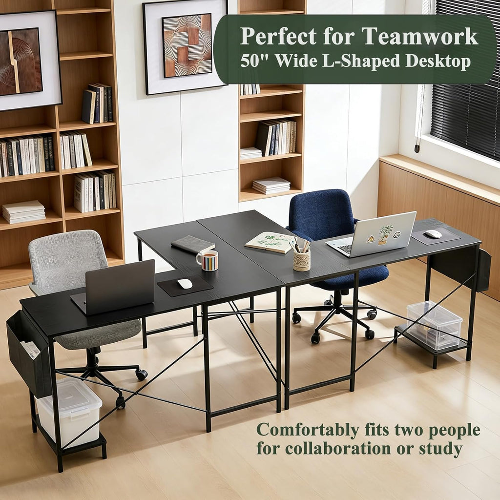 L Shaped Desk, 50 Inch Reversible Computer Desk Corner Gaming Table with CPU Stand & Storage Bag, Sturdy Metal Frame PC Workstation for Home Office, Black Wood - Image 5