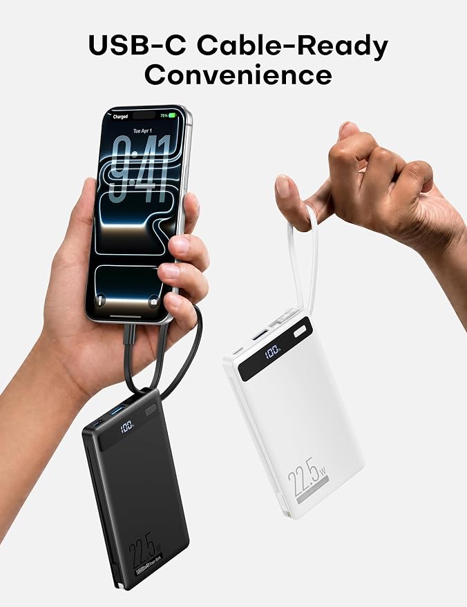 2Pack-10000mAh 22.5W Portable Charger Power Bank,Built-in Cables,WH‌&BLK‌ | 4 Outputs & 2 Inputs | 22.5W Fast charging | LED display | Slim Battery Pack for iPhone, Samsung Galaxy, Android - Image 8