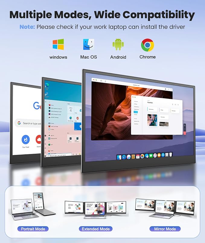 One Cable Laptop Screen Extender, 15.6” Ultra-Slim Triple Portable Monitor, 1080P FHD IPS Display, USB-C/A Connection, Travel Monitor for 13–17.3" Laptops, for Mac/Win/Android (Driver Required) - Image 2