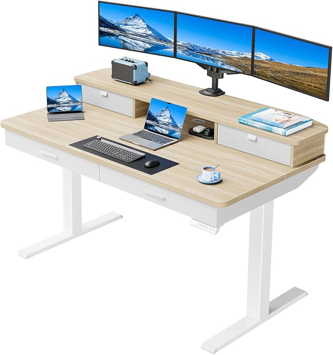HUANUO 55 x 30 inch Electric Standing Desk with 2 Wood Drawers, Adjustable Height Sit Stand Desk for Home Office, Ergonomic Stand up Desk with 4 Memory Presets, 176 lbs Capacity, Natural Top by HUANUO