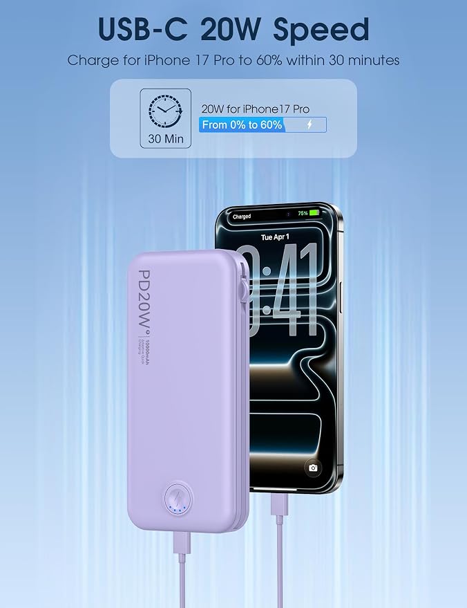 Nusyddy Portable Charger 10000mAh Fast Charging w/Built-in Wall Plug Purp. | PD20W Fast Charging, LED Indicator, Pass Through Charging, TSA Approved, Compact/Slim, Power Bank for iPhone/iPad/Samsung - Image 4