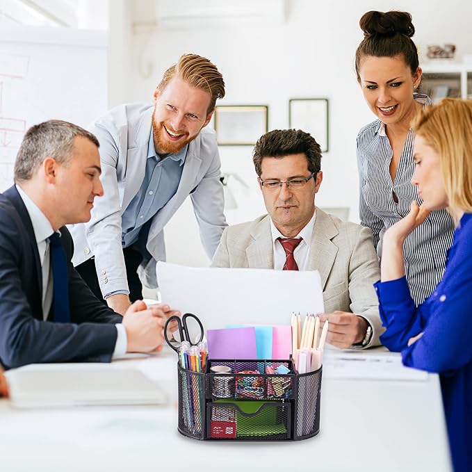 EOOUT Desk Organizer Black Mesh Pencil Holder 8 Compartments 1 Drawer | Black Desk Accessories, 8 Compartments, Pull-Out Drawer, for Pens Pencils Scissors Notes, School and Office Supplies - Image 7