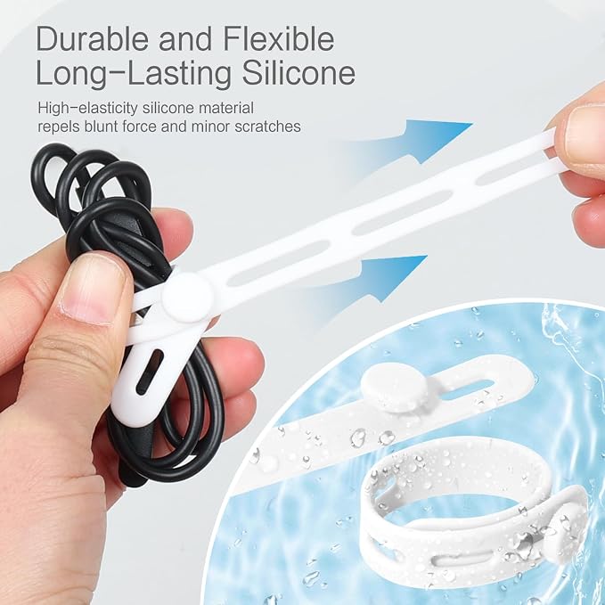 Donruby 24Pcs Silicone Cable Ties, Reusable Cord Organizer Straps, White | Adjustable, Multipurpose, 5.12" High-Elasticity Cord Wraps for Bundling Electronics, Home Office Travel Essentials - Image 4