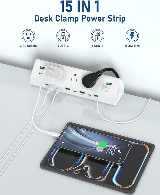 Jgstkcity 90W Desk Clamp Power Strip,12 USB Ports (6 PD 45W USB-C),Surge Protector,ETL Listed Power Hub Extension Cord,Fast Charging Station for Home Office Desk Edge Mount (White, 12 USB-90W) - Image 5