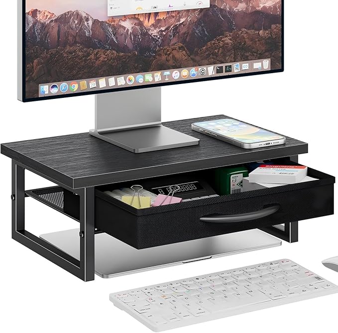 Ekisemio 2-Tier Monitor Stand with Fabric Drawer – Wood and Metal Computer Riser, Desk Organizer for Office, Black by Ekisemio