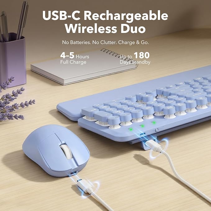 Wireless Keyboard and Mouse Combo, Backlit Round Keycaps, Retro Typewriter Keyboard with Detachable Wrist Rest, Rechargeable & Tilt Legs, 2.4GHz Cordless Connection for Windows/PC (Glowing Purple) | Rechargeable & Tilt Legs, Full-Size Typewriter-Style,... - Image 5