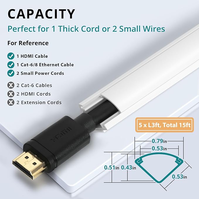 ZhiYo 15ft Corner Cable Hider for 1 Cord, Hide Wires on Wall Corner, White | Self-Adhesive Cable Concealer, 5 Pack (3ft Each), Quarter Round Cable Management Raceway for Baseboards & Ceiling Corners - Image 2