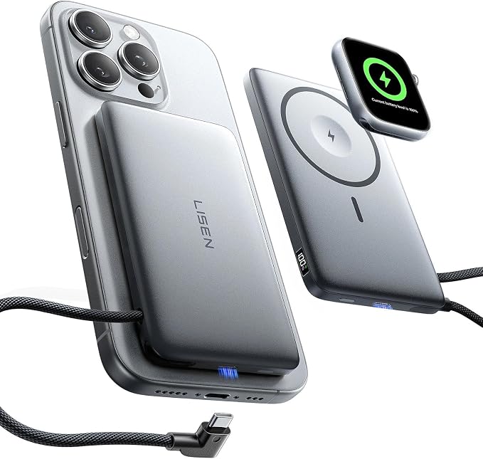 LISEN 0.5'' Ultra Slim MagSafe Power Bank for iPhone and Apple Watch,10000mAh MagSafe Battery Pack,Alloy Magnetic Portable Charger for iPhone 16 Pro Max Plus/15, Apple Watch S11 /S10 S9 SE，Grey by Lisen