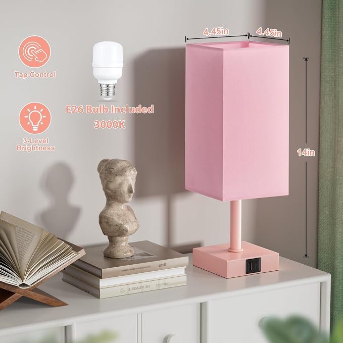 Touch Table Lamp for Bedroom - Dimmable, USB C+A, Pink Lamphade Pink Base | 3-Way Dimmable, 3000K LED Bulb Included, Square Lampshade, Cute Room Decor for Teen Girls, Kids, Small Lamp for Dorm, Nursery - Image 2