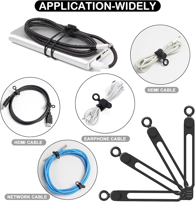 48Pcs Cord Organizer Kit, Reusable Elastic Silicone Cable Ties, Strong Adhesive Cable Clips for Cable Management, Multipurpose Wire Management for Bundling and Fastening Various Wires (Black） - Image 4