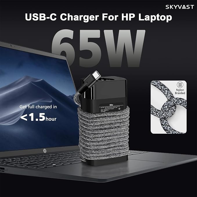 Slim 65W USB-C Laptop Charger Compatible with HP EliteBook 840 830 850 640 650 G7 G8 G9 G10,ProBook 440 450 G8 G9,Spectre Chromebook x360,Durable Braided Type C Travel AC Adapter Power Supply - Image 2